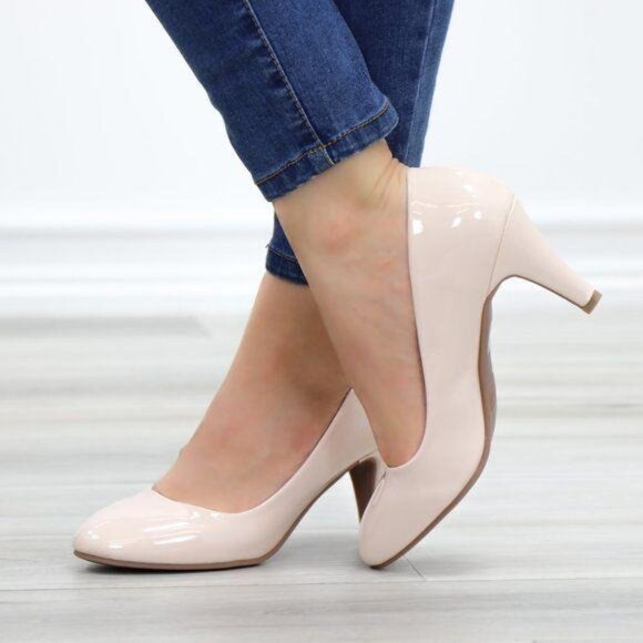 Nude Paten Round Toe Kitten Low Heel Pumps - Picture 11 of 11